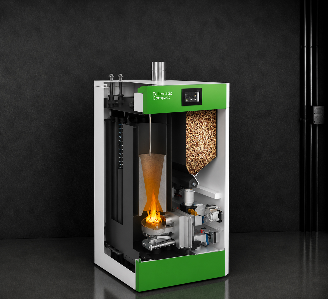 Schnittmodell der ÖkoFEN Pellematic Compact Pelletheizung mit Brennkammer und Pelletzuführung.