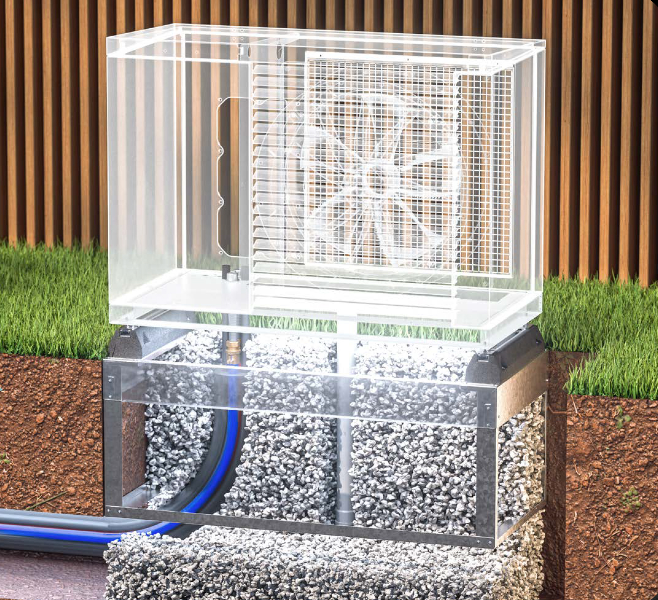Installation einer Luft-Wasser-Wärmepumpe mit Fundament und Erdleitungen.